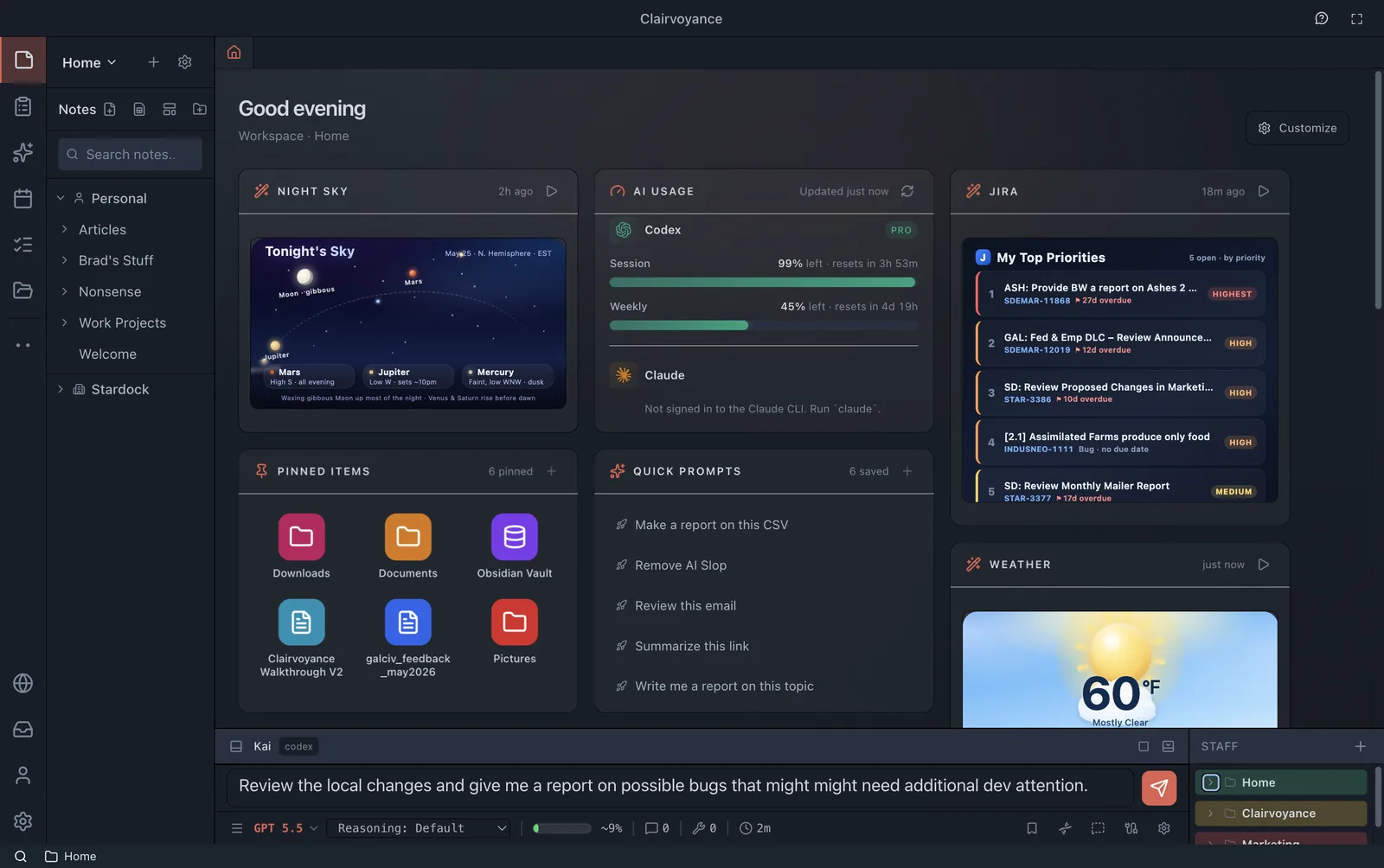 The Clairvoyance desktop with notes, quick prompts, task priorities and a team of AI staff