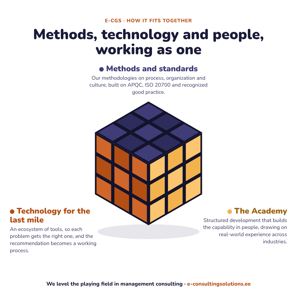 A cube with three faces: Methods and standards, Technology for the last mile, and The Academy
