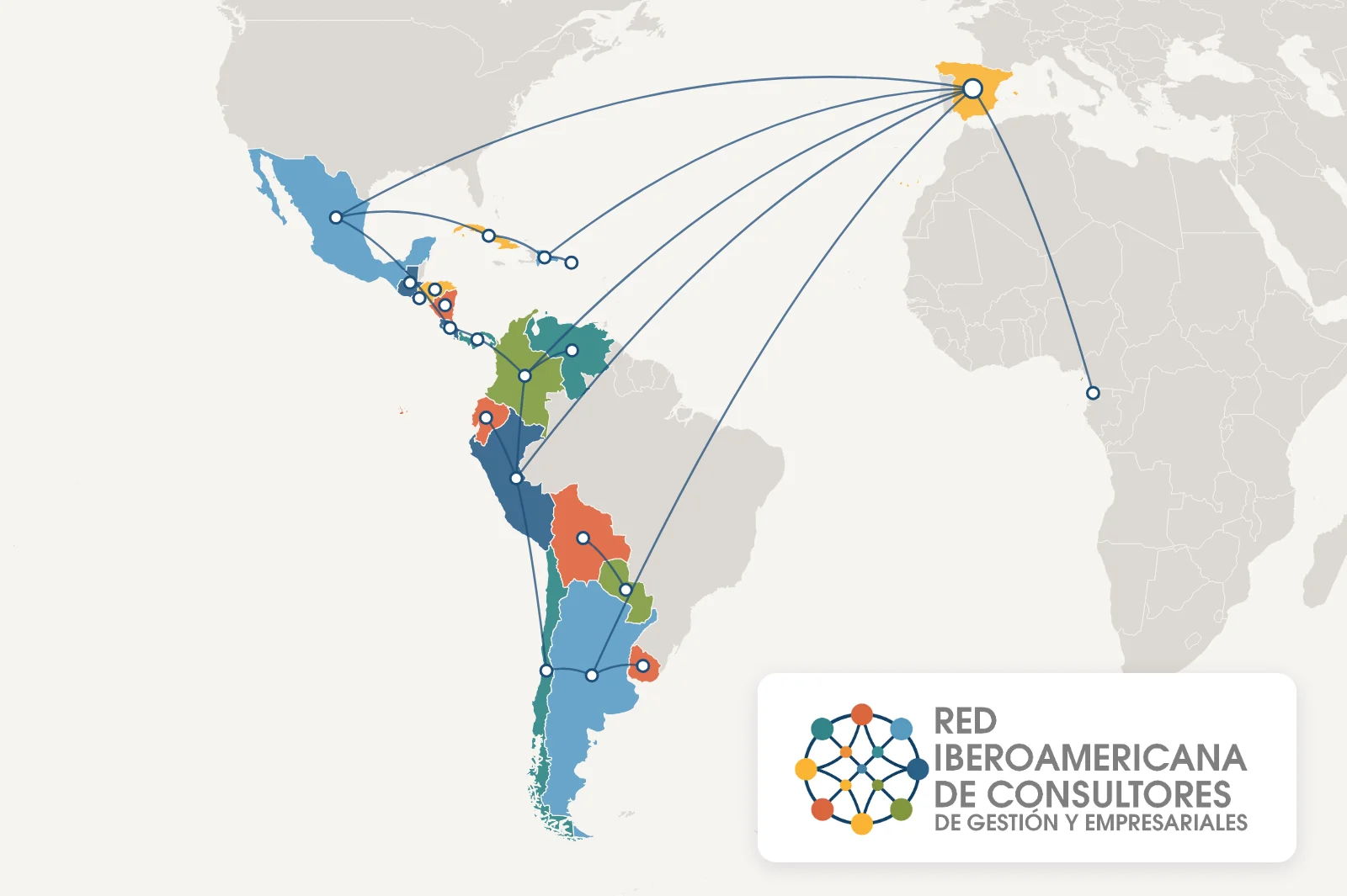 Map of the Spanish-speaking countries connected as a network, with the logo of the Red Iberoamericana de Consultores
